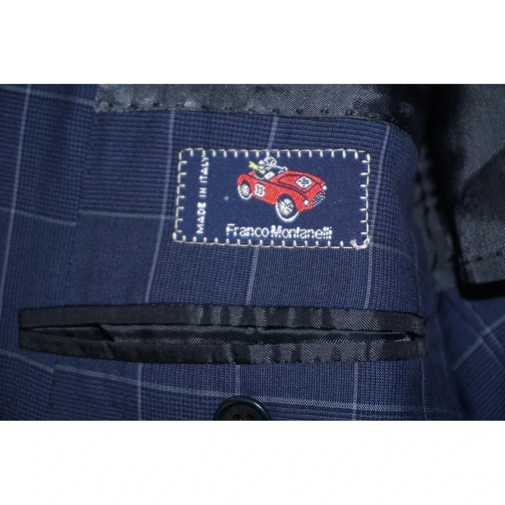 Franco Montanelli‎ MTM Sport Coat Blue Check Super 120s Wool Italy 62 IT 50R US